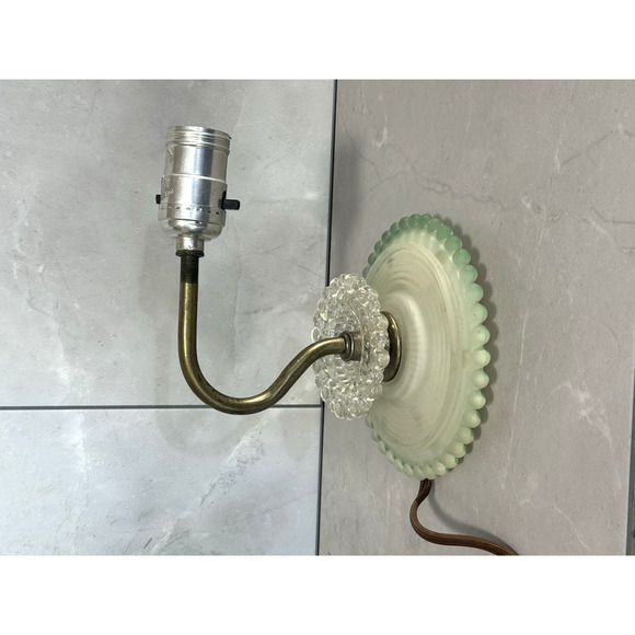 Vintage 1930s Art Deco Green Frosted Glass Wall Sconce Hobnail Beaded Backplate - Picture 8 of 12
